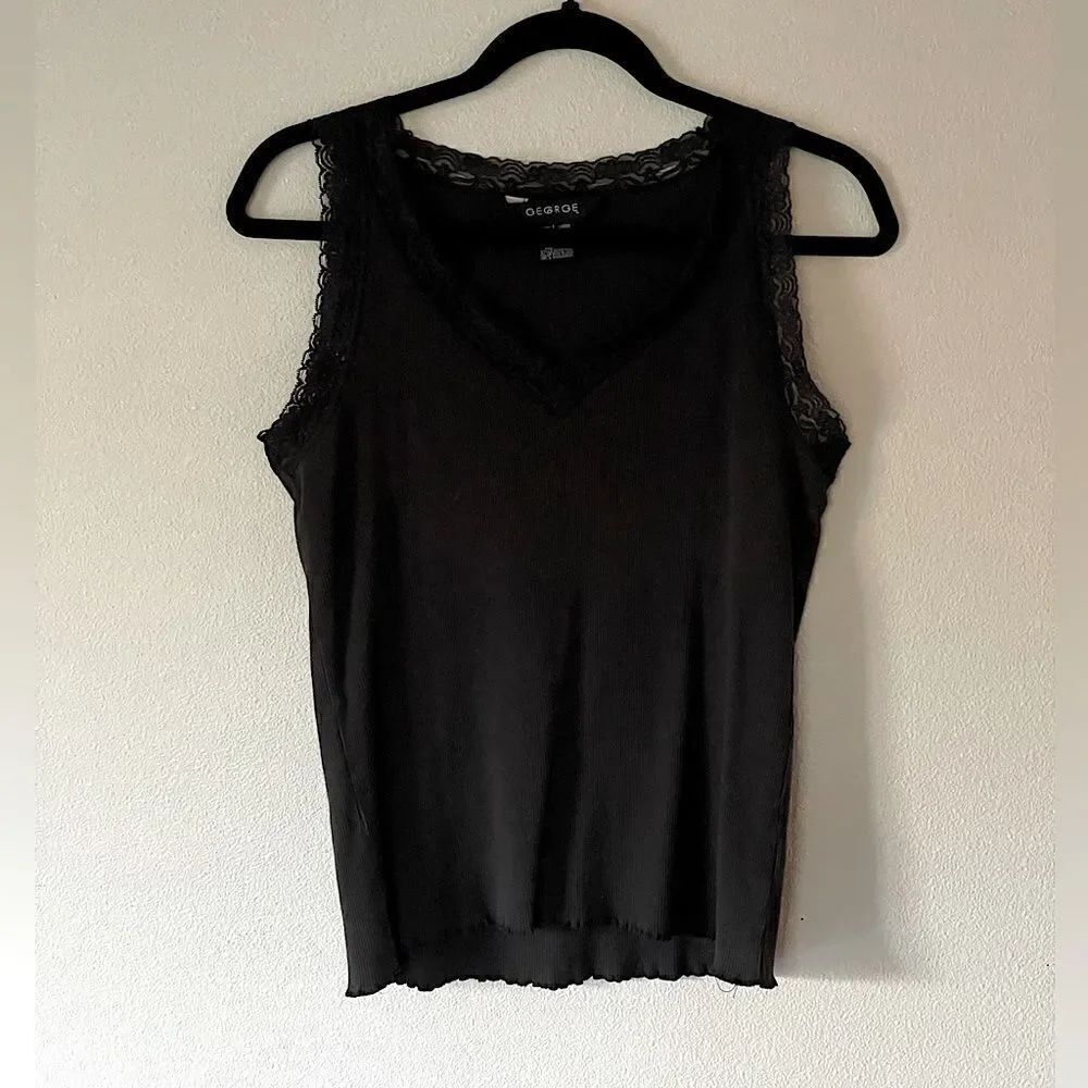 Women’s, George, Black Cotton, Ribbed, Lace-Detail, Tank. Size Large.
